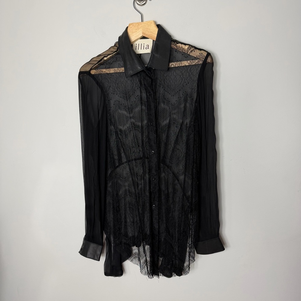 illia Leather and Lace Long Sleeve tuxedo Goth Button Down Shirt Black Blouse